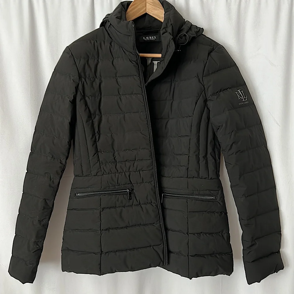 Lauren Ralph Lauren Black Quilted Puffy Hooded Long Sleeve Jacket Coat **Sz M** - Picture 3 of 5